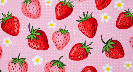 Fresh ripe strawberries with leaves and flowers seamless pattern on pink background summer fruit design