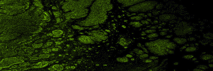 Grunge halftone overlay background with surreal motion fluid. Electric green color y2k aesthetics. Vector backdrop design template and creative projects