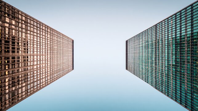 Dramatic upward view of twin glass skyscrapers.