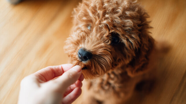 Closeup small brown dog hand feed treat indoors, curly fur puppy taking snack from person on wooden floor