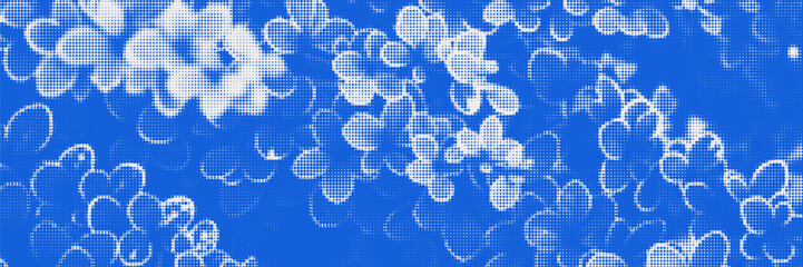 Cyanotype halftone overlay texture background with flower silhouettes. Vector soft blue wallpaper for template, graphic design projects, artworks
