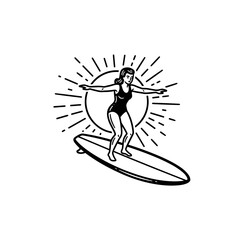 Fototapeta premium Vintage Surfer Girl Riding Wave with Sun Rays in Classic Black and White Illustration.