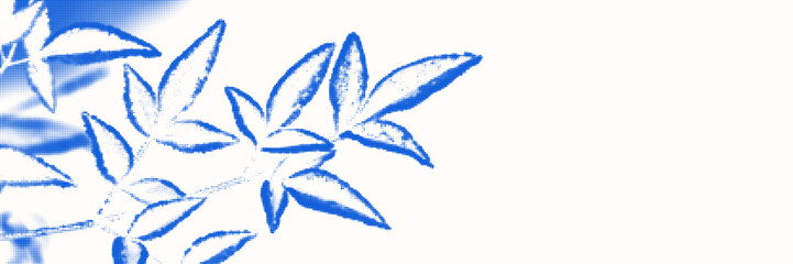 Twig with leaves cyanotype effect background. Trendy tactile, manual and analog creativity style. Cyan blue color nature silhouette. Vector halftone asset for retro, organic banner design.