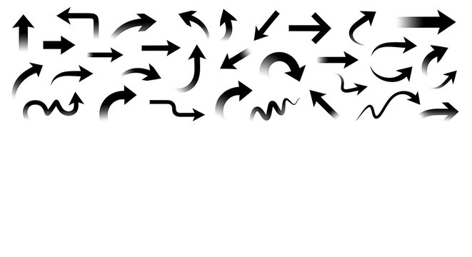 Hand drawn black dynamic arrows movement flow direction vector illustration set isolated on white background