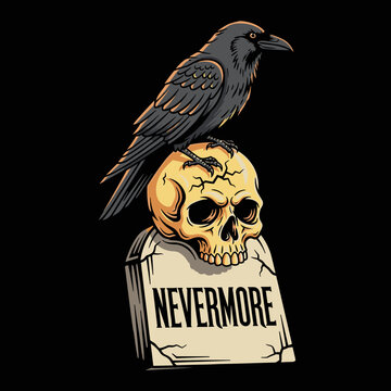Raven perched on a skull tombstone with Nevermore inscription.