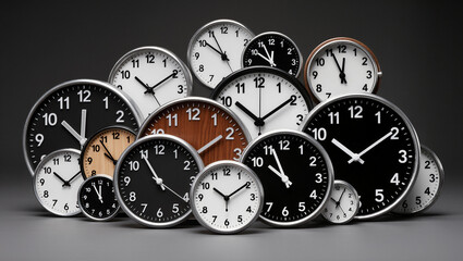 A scene with many analog clocks stacked up　沢山のアナログ時計が積み重なったシーン