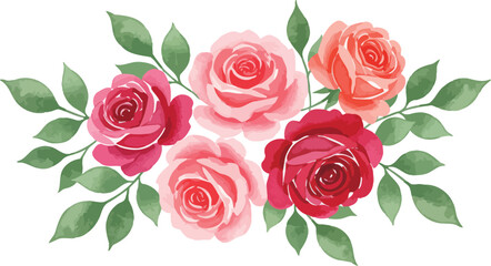 Naklejka premium A bouquet of pink and red roses with green leaves on a white background