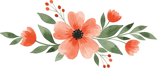 Fototapeta premium Watercolor floral arrangement with peach colored flowers and green leaves on white background