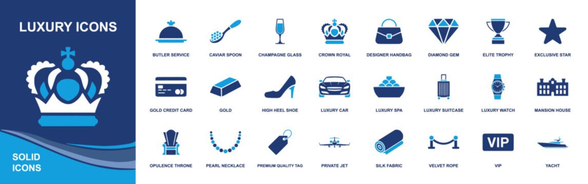 Luxury icon set. Containing crown, diamond, champagne, caviar, designer handbag, VIP, private jet, yacht, luxury car, watch, mansion, gold, and more. Solid fill vector icons collection