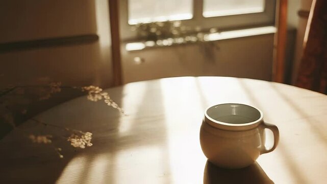 Warm sunlight creating long shadows on a rustic round wooden table with an empty ceramic mug and delicate dry plant in a peaceful, tranquil home interior setting