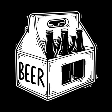 Hand-drawn illustration of a six-pack beer carrier with bottles.
