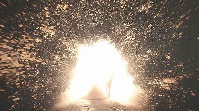 Wedding couple exits charming chapel together concept. Silhouette of bride and groom against a glowing backdrop, surrounded by nature.