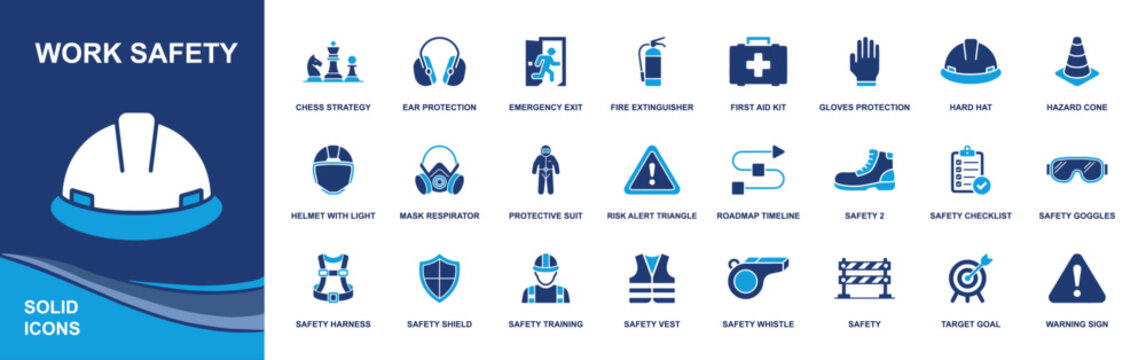 Workshop icon set. Containing blueprint plan, drill machine, clamps vise, grinder, hammer, saw, screwdriver, toolbox, safety helmet, goggles and more. Solid fill vector icons collection