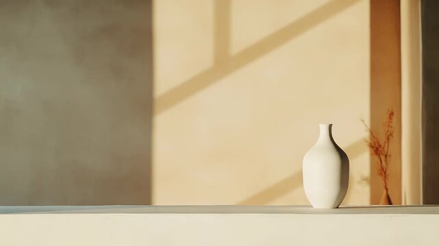 Minimalist ceramic vase standing on a neutral beige shelf, bathed in warm sunlight creating geometric shadow patterns on the wall and emphasizing a serene, calm, and uncluttered interior design