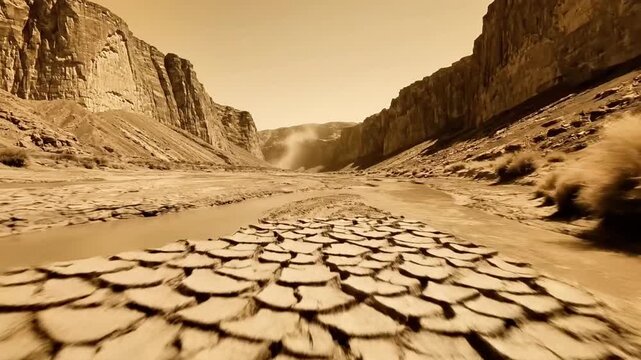 A parched landscape with cracked earth and sparse vegetation, surrounded by rugged cliffs and a hazy sky