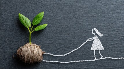 Girl drawing plant growth concept art.