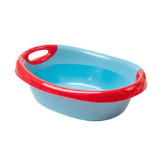 Blue and red plastic wash basin with handle