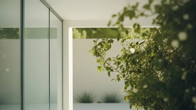 Modern architectural space reflecting a clean design and minimalist aesthetics. Featuring a bright white courtyard. Large glass doors. And vibrant green foliage providing a refreshing natural element