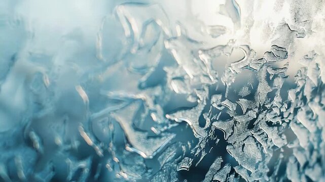 Abstract frozen ice pattern with delicate crystal shapes and translucent blue white textures, frost lit surface creating a cool, detailed winter background and wallpaper element
