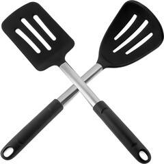 Kitchen utensil and knife set with various cooking tools isolated on white background