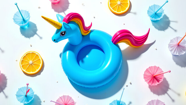 Blue unicorn pool float with rainbow mane and horn surrounded by citrus slices and cocktail umbrellas on white surface, bright summer playful scene evoking fun and leisure