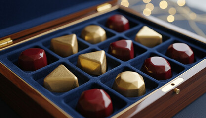 箱に入った宝石のようなチョコレートの詰め合わせをクローズアップした背景