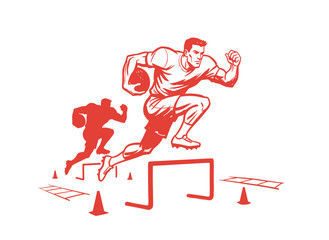 Football player training artwork. Sports agility drill vector design. Athlete jumping hurdle retro graphic. Football artwork for t shirt and posters