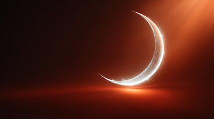 A glowing crescent moon shines brightly in a dark orange and black sky with a beam of light