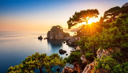 A coastal landscape at dawn features a vibrant sunrise filtering through trees, illuminating the ocean and rocky islands