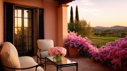 Obraz premium Sunset terrace with cushioned chairs, glass table, pink, bougainvillea, and distant hills bathed in warm light