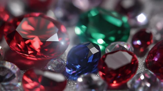 A close-up view of sparkling, multi-colored faceted gemstones, including vibrant red, deep blue, and emerald green crystals, reflecting light beautifully.