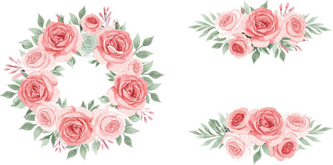 Watercolor floral wreaths and arrangements with pink roses and green leaves on white background