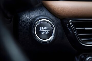 Modern Car Interior with Illuminated Engine Start Stop Button on Luxury Dashboard