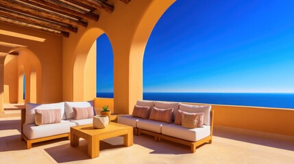 Obraz premium Sunny coastal terrace with ochre arches, modern beige seating, wooden ceiling beams, and a blue ocean horizon