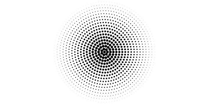 Black halftone concentric circle texture. Rippled repeating sound wave ring wallpaper. Dotted radial gradient background. Vector rasterized backdrop for vibration, epicenter, target, radar signal.