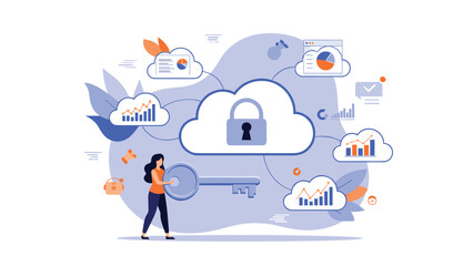 Security professional uses a large key to manage secure cloud data storage and protect sensitive financial information.