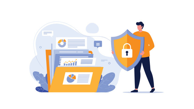 Data security professional holds a protective shield with a lock next to an open file folder containing sensitive business charts.