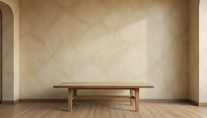 Minimal beige wall with natural wooden table creating warm modern interior backdrop