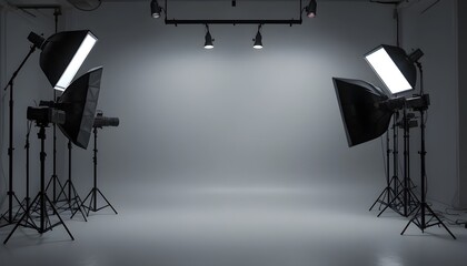 Grey studio photo background with professional lighting equipment and clean copy space