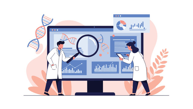 Two medical researchers wearing white coats use a magnifying glass to inspect DNA sequences and clinical data charts on a large computer monitor.
