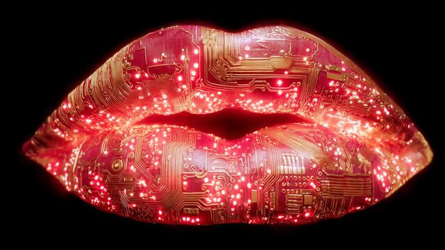 Sexy lips kissing in neon UV disco concept. The lips are adorned with bright, glowing circuitry patterns on a dark background.