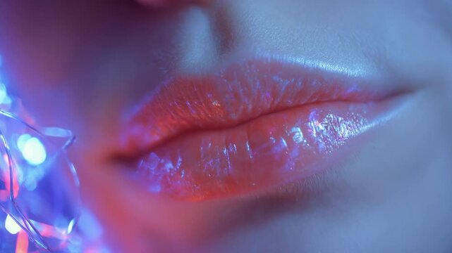 Sexy lips kissing in neon UV disco concept. Bright, glossy lips illuminated by vibrant colored lights create a striking visual effect.