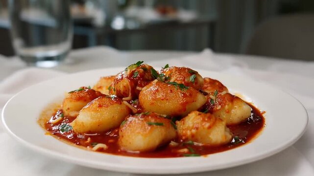 Delicious gnocchi with tomato sauce served on a white plate in restaurant setting