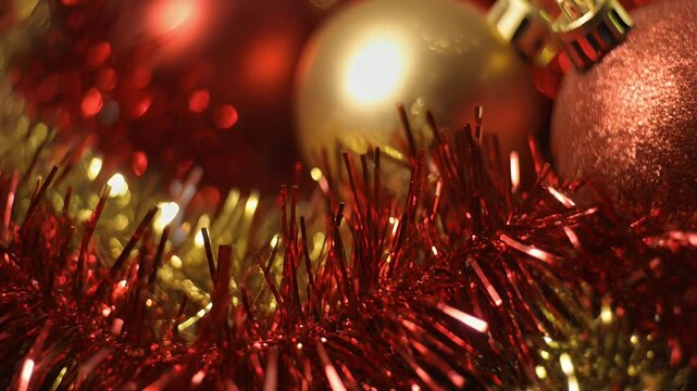 Close-up of festive red and gold Christmas baubles and sparkling tinsel decorations, creating a warm holiday atmosphere.