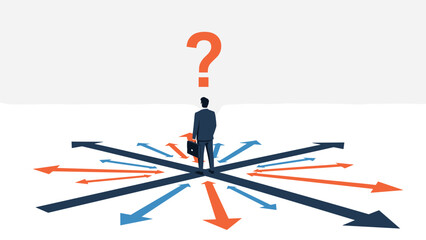 Confused businessman stands at a complex intersection with many arrows pointing in different directions reflecting difficult decision making.