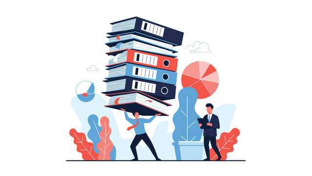 Overworked office employee carries a massive, heavy stack of documents and folders while his supervisor observes with a clipboard.