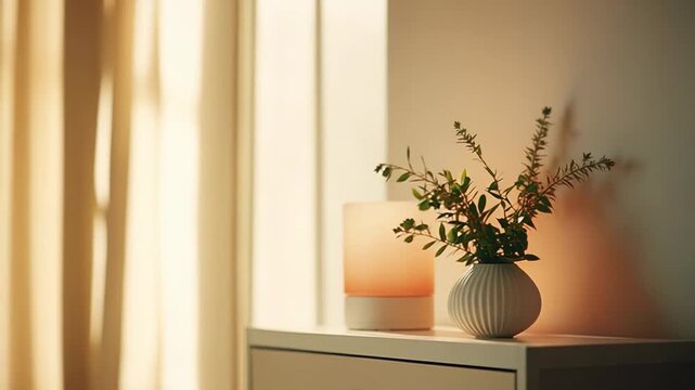 Modern electric aroma diffuser releasing soothing mist, creating a serene and calm atmosphere on a decorative shelf, illuminated by warm natural window light