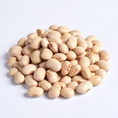 Pile of nutritious light brown beans against a bright white background for culinary applications