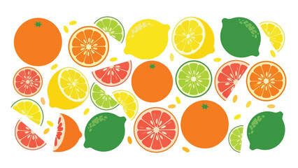 A vibrant collection of fresh zesty citrus fruits, lemons, limes, oranges and grapefruits depicted whole and in slices, forming a refreshing and