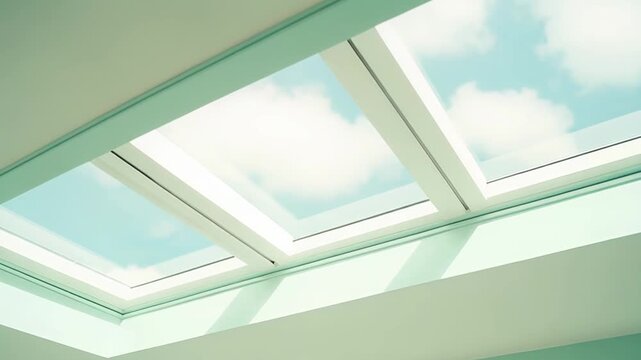 Skylight opening in a contemporary ceiling bringing abundant natural daylight and visibility of the blue sky with clouds into a bright, modern interior space